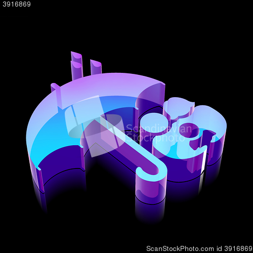 Image of Protection icon: 3d neon glowing Family And Umbrella made of glass, vector illustration.