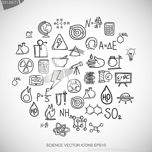 Image of Black doodles Hand Drawn Science Icons set on White. EPS10 vector illustration.