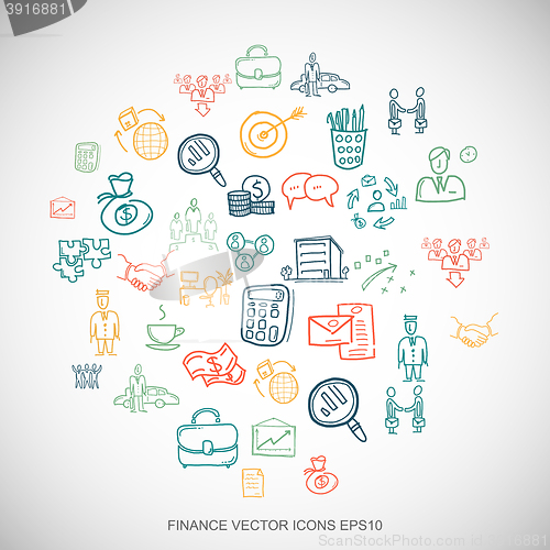 Image of Multicolor doodles Hand Drawn Business Icons set on White. EPS10 vector illustration.