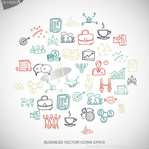 Image of Multicolor doodles Hand Drawn Business Icons set on White. EPS10 vector illustration.