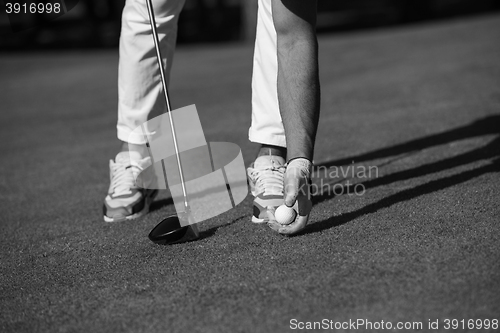 Image of golf player placing ball on tee