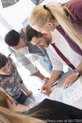 Image of young business people group on meeting at modern office