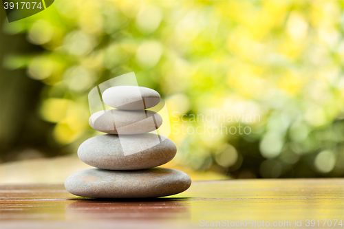 Image of Pile of balancing pebble stones outdoor