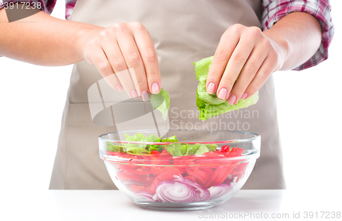Image of Cook is tearing lettuce while making salad