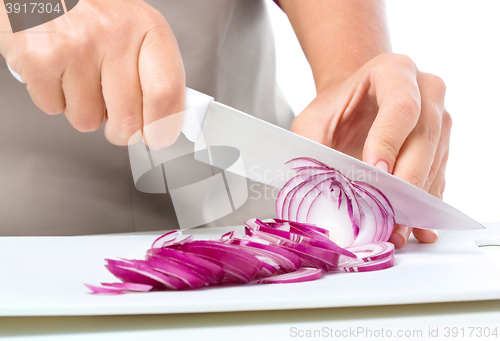 Image of Cook is chopping onion