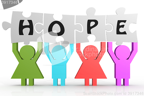 Image of Four people hold puzzle with hope word