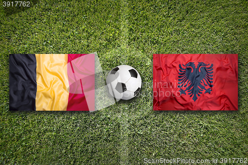 Image of Belgium vs. Albania flags on soccer field