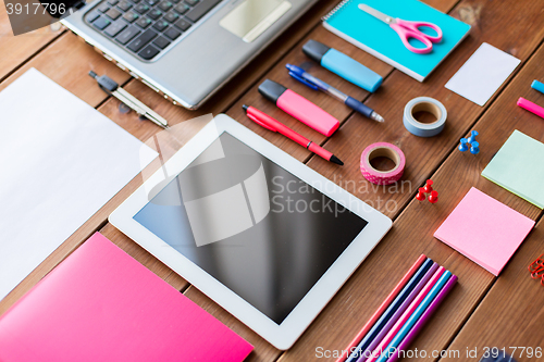 Image of close up of school supplies and tablet pc