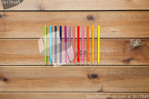 Image of close up of crayons or color pencils on wood