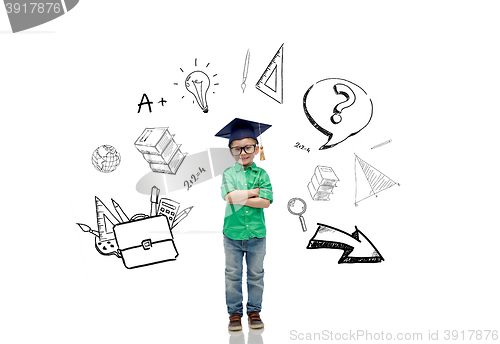 Image of happy boy in bachelor hat or mortarboard