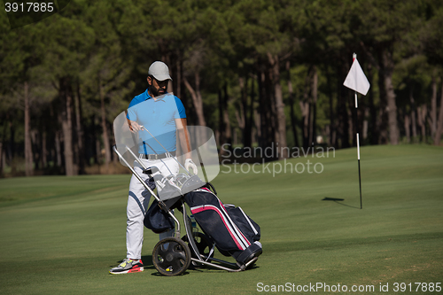 Image of golf player walking with wheel bag