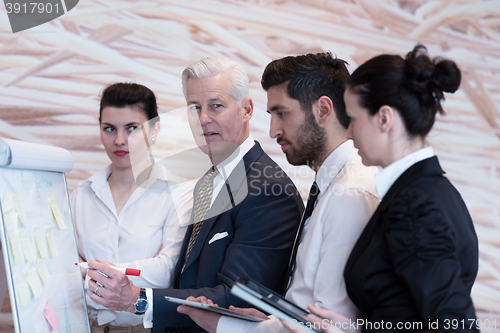 Image of business people group brainstorming and taking notes to flipboar