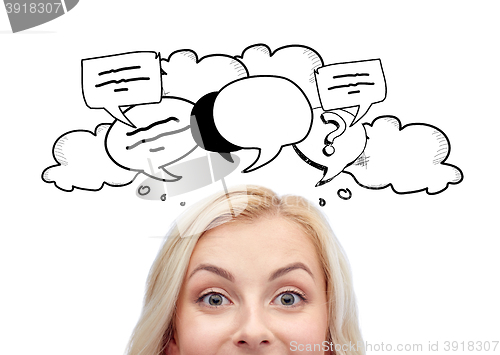 Image of happy young woman face with text bubble doodles