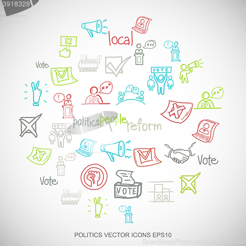 Image of Multicolor doodles Hand Drawn Politics Icons set on White. EPS10 vector illustration.