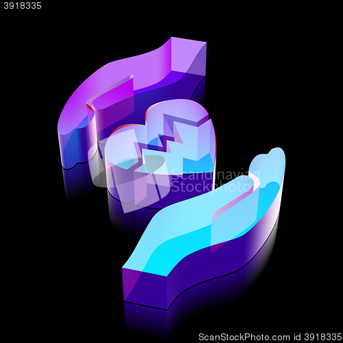 Image of Insurance icon: 3d neon glowing Heart And Palm made of glass, vector illustration.