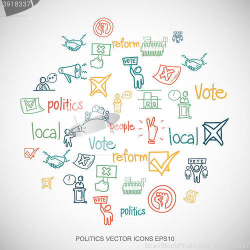 Image of Multicolor doodles Hand Drawn Politics Icons set on White. EPS10 vector illustration.