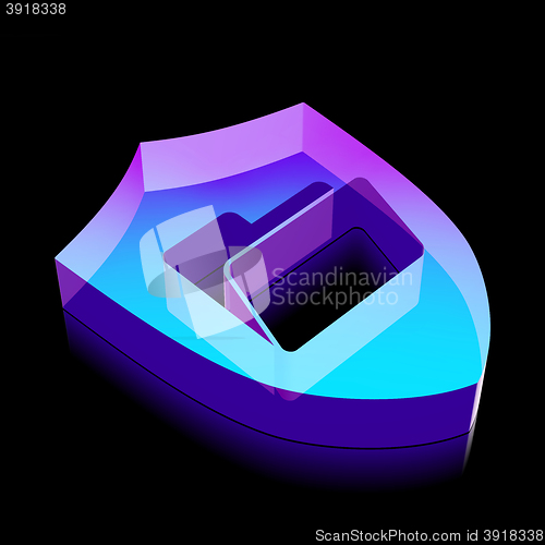 Image of Business icon: 3d neon glowing Folder With Shield made of glass, vector illustration.