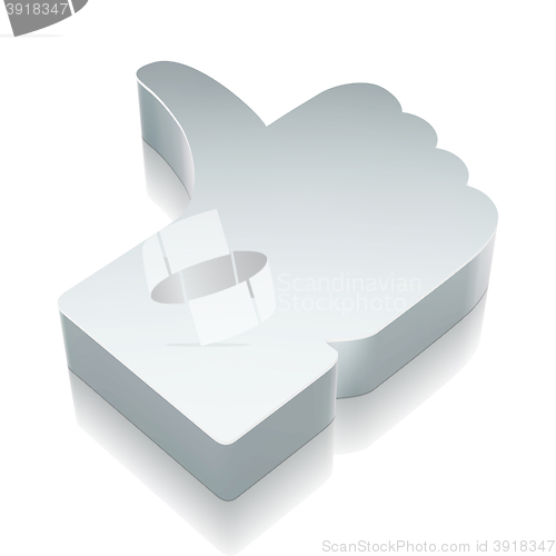 Image of Social network icon: 3d metallic Thumb Up with reflection, vector illustration.