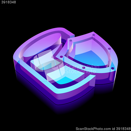 Image of Software icon: 3d neon glowing Database With Shield made of glass, vector illustration.