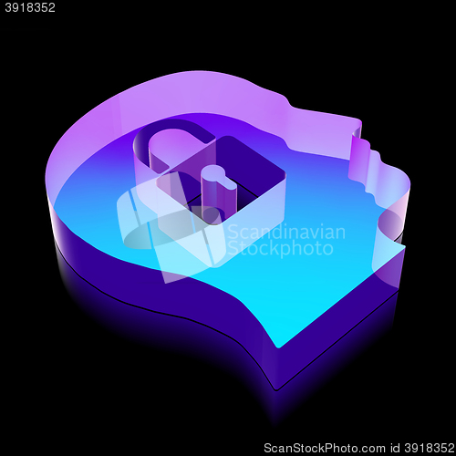 Image of Business icon: 3d neon glowing Head With Padlock made of glass, vector illustration.