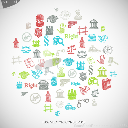 Image of Multicolor doodles Hand Drawn Law Icons set on White. EPS10 vector illustration.