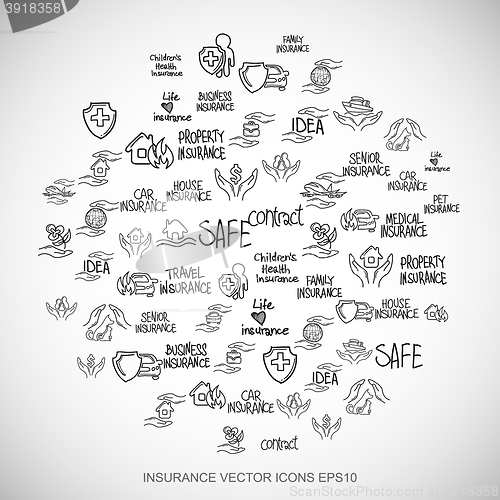 Image of Black doodles Hand Drawn Insurance Icons set on White. EPS10 vector illustration.