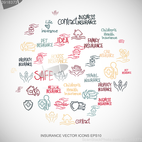 Image of Multicolor doodles Hand Drawn Insurance Icons set on White. EPS10 vector illustration.