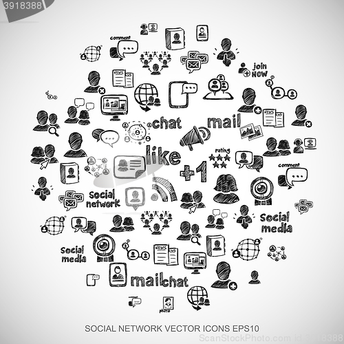 Image of Black doodles Hand Drawn Social Network Icons set on White. EPS10 vector illustration.