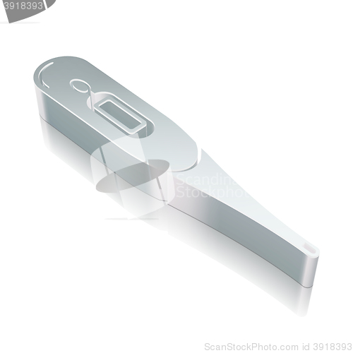 Image of Health icon: 3d metallic Thermometer with reflection, vector illustration.