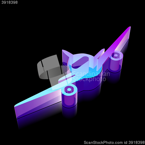 Image of Travel icon: 3d neon glowing Aircraft made of glass, vector illustration.