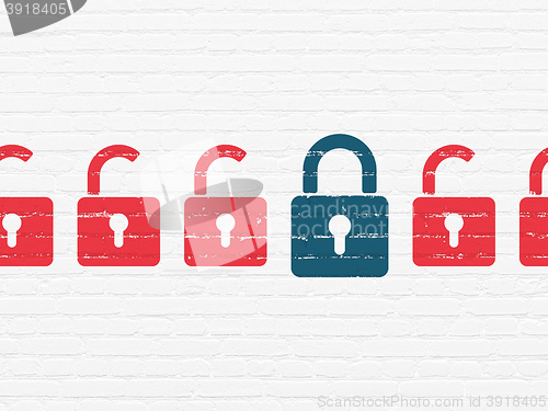 Image of Privacy concept: closed padlock icon on wall background