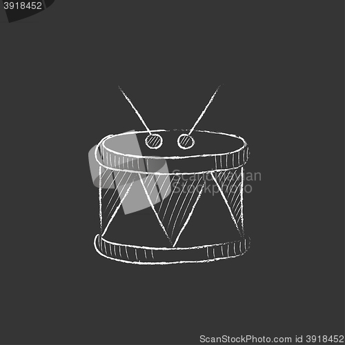 Image of Drum with sticks. Drawn in chalk icon.