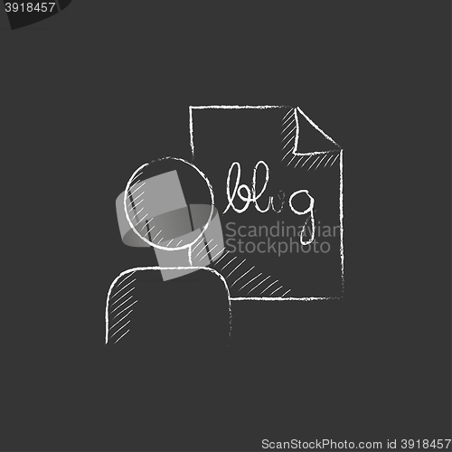 Image of Man and sheet with word blog. Drawn in chalk icon.