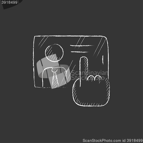 Image of Hand pushing touch screen button. Drawn in chalk icon.