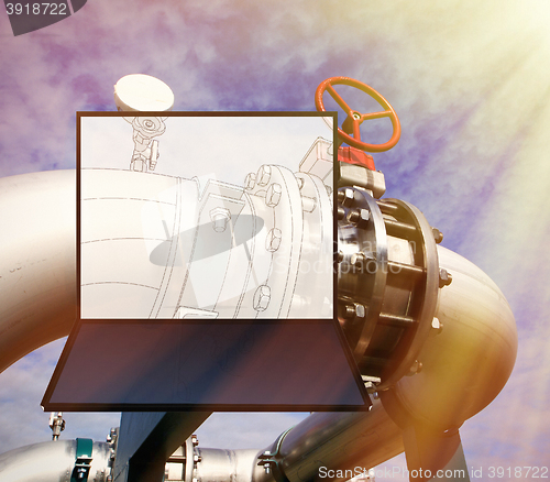 Image of wireframe computer cad design of pipelines for modern industrial