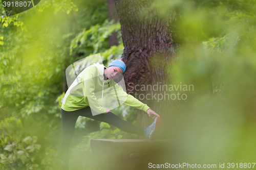 Image of Sporty woman  working out in forest. 