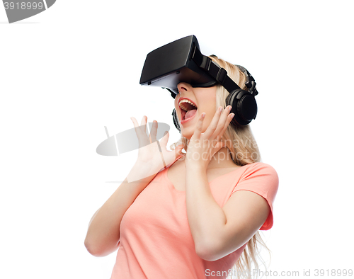 Image of woman in virtual reality headset or 3d glasses