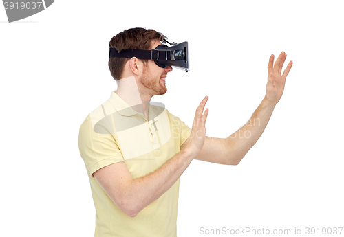 Image of happy man in virtual reality headset or 3d glasses