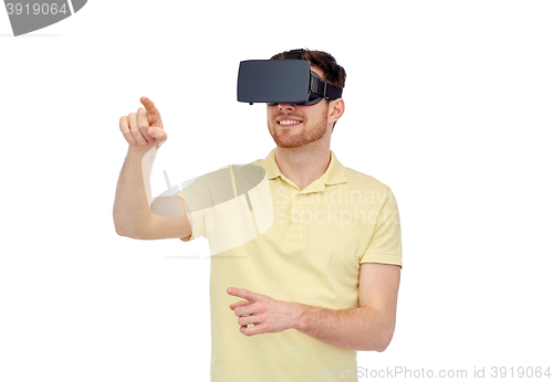 Image of happy man in virtual reality headset or 3d glasses