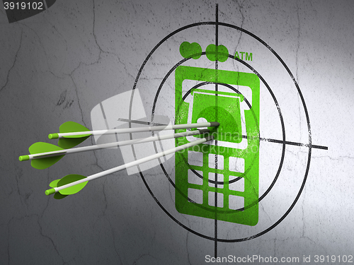 Image of Banking concept: arrows in ATM Machine target on wall background