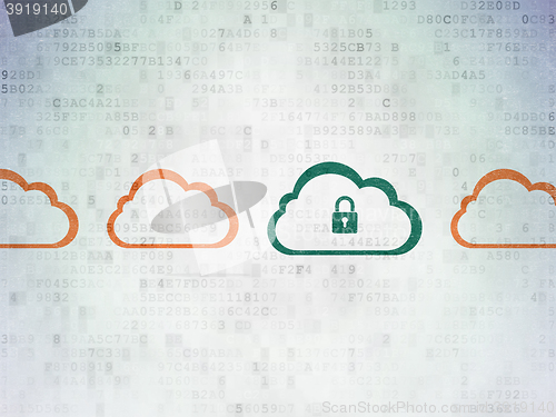 Image of Cloud technology concept: cloud with padlock icon on Digital Data Paper background