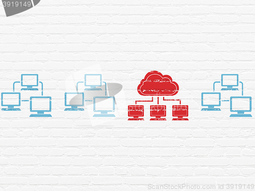 Image of Cloud technology concept: cloud network icon on wall background