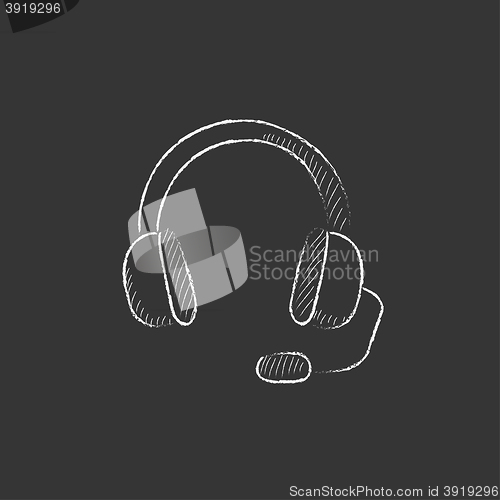 Image of Headphone with microphone. Drawn in chalk icon.