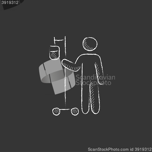 Image of Patient standing with intravenous dropper. Drawn in chalk icon.