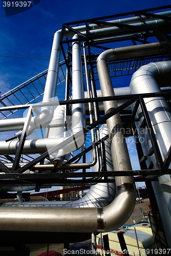 Image of Industrial zone, Steel pipelines and valves against blue sky