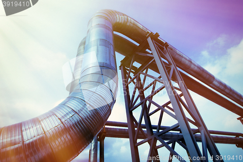 Image of Industrial zone, Steel pipelines in blue tones