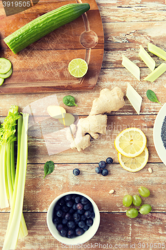 Image of close up of super food ingredients on wooden table