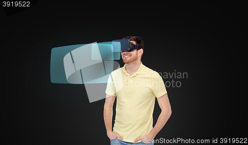 Image of happy man in virtual reality headset or 3d glasses