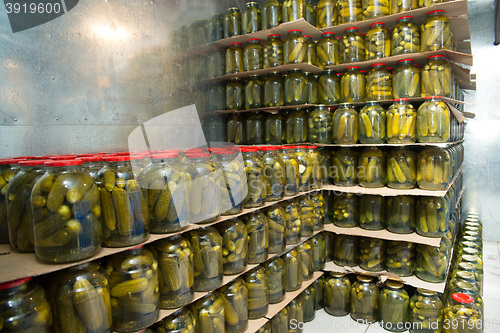 Image of gurtsov conservation. Fresh cucumbers in jars