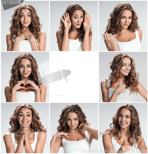 Image of Set of young woman\'s portraits with different happy emotions